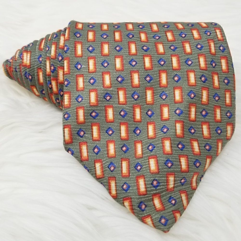 Vintage Fossil Sage Green & Orange Geometric Print Silk Neck Tie Classic
